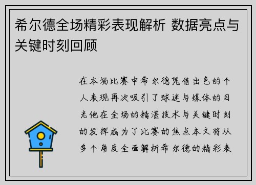 希尔德全场精彩表现解析 数据亮点与关键时刻回顾